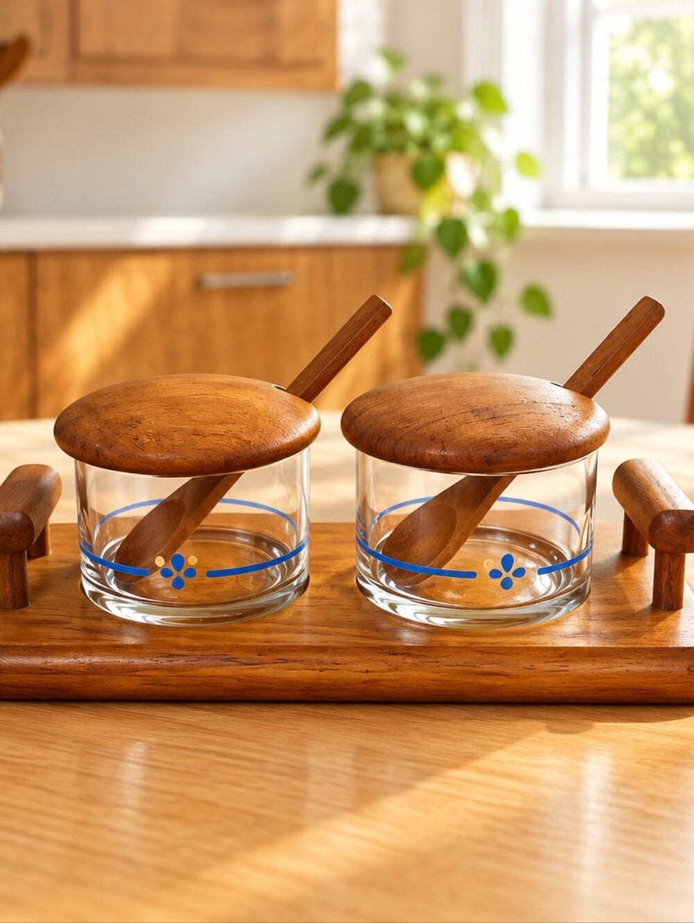 1960s Goodwood Teak Wood & Glass Double Condiment Set with Spoons 10.5x5.5